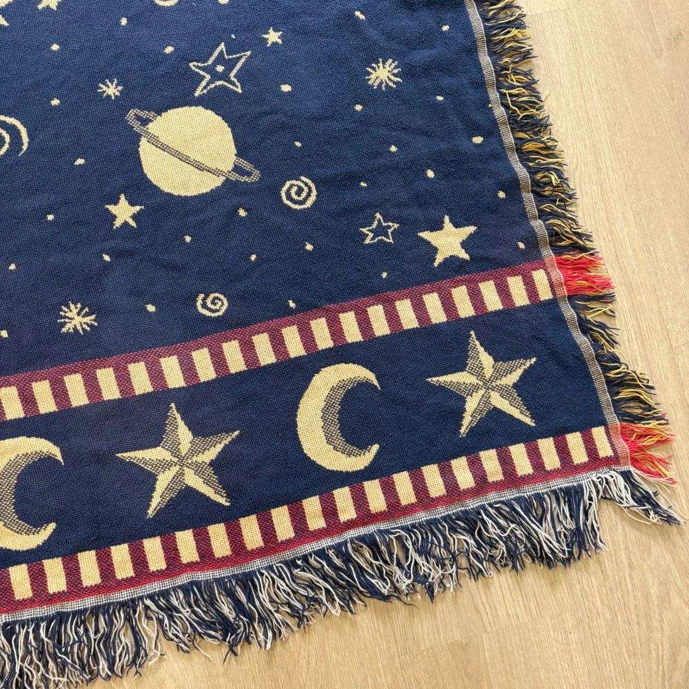 Vintage Celestial Sun Moon Stars Woven Tapestry Throw Blanket Navy Gold 48x60